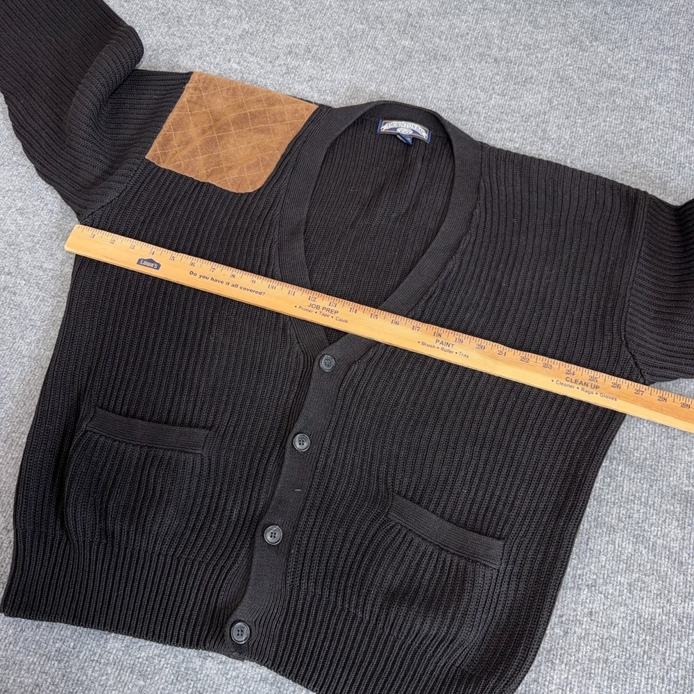 Vintage Grandpa Cardigan Sweater Men Medium Black Oversized Elbow Shoulder Patch - Picture 6 of 8